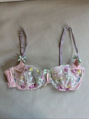 For Love & Lemons Pink Sheer Floral Embroidered Underwire Bra